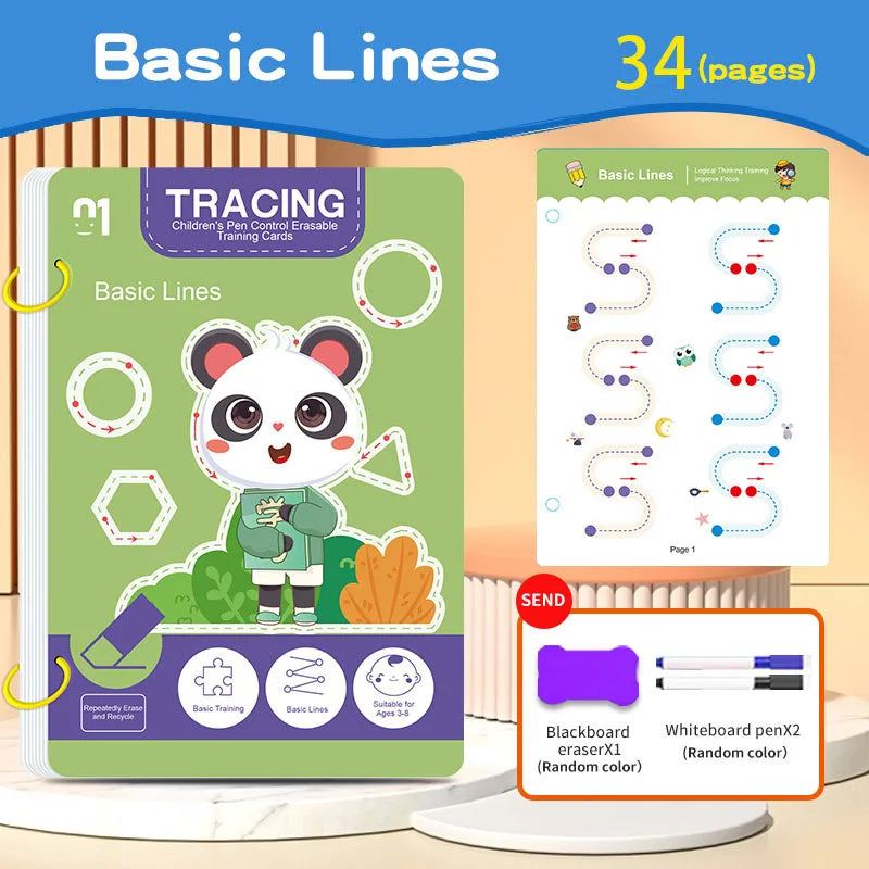 Children's Reusable Writing Workbook Set — 34 Pages with Erasable Pen